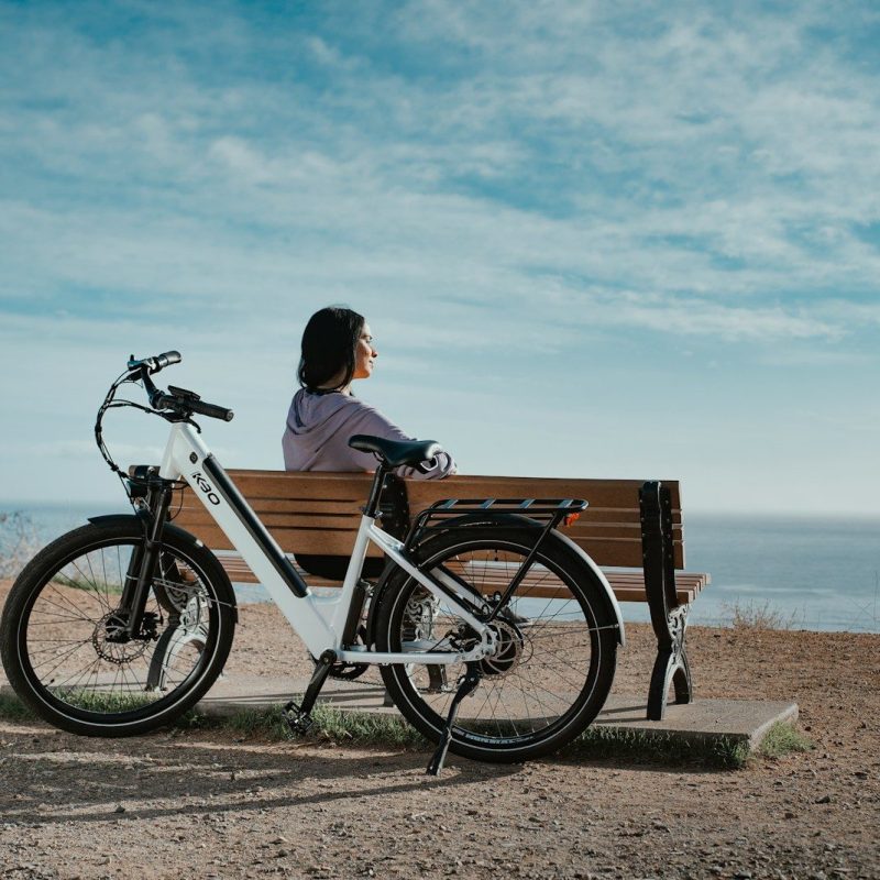man in black shirt sitting on brown wooden bench beside black and white bicycle during daytime