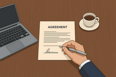 Een dga die een autocontract ondertekent op kantoor